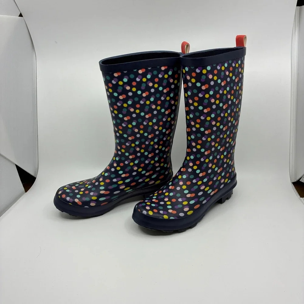 Cat & Jack rain boots Big Girl Sz 4 navy‎ blue with polka dots